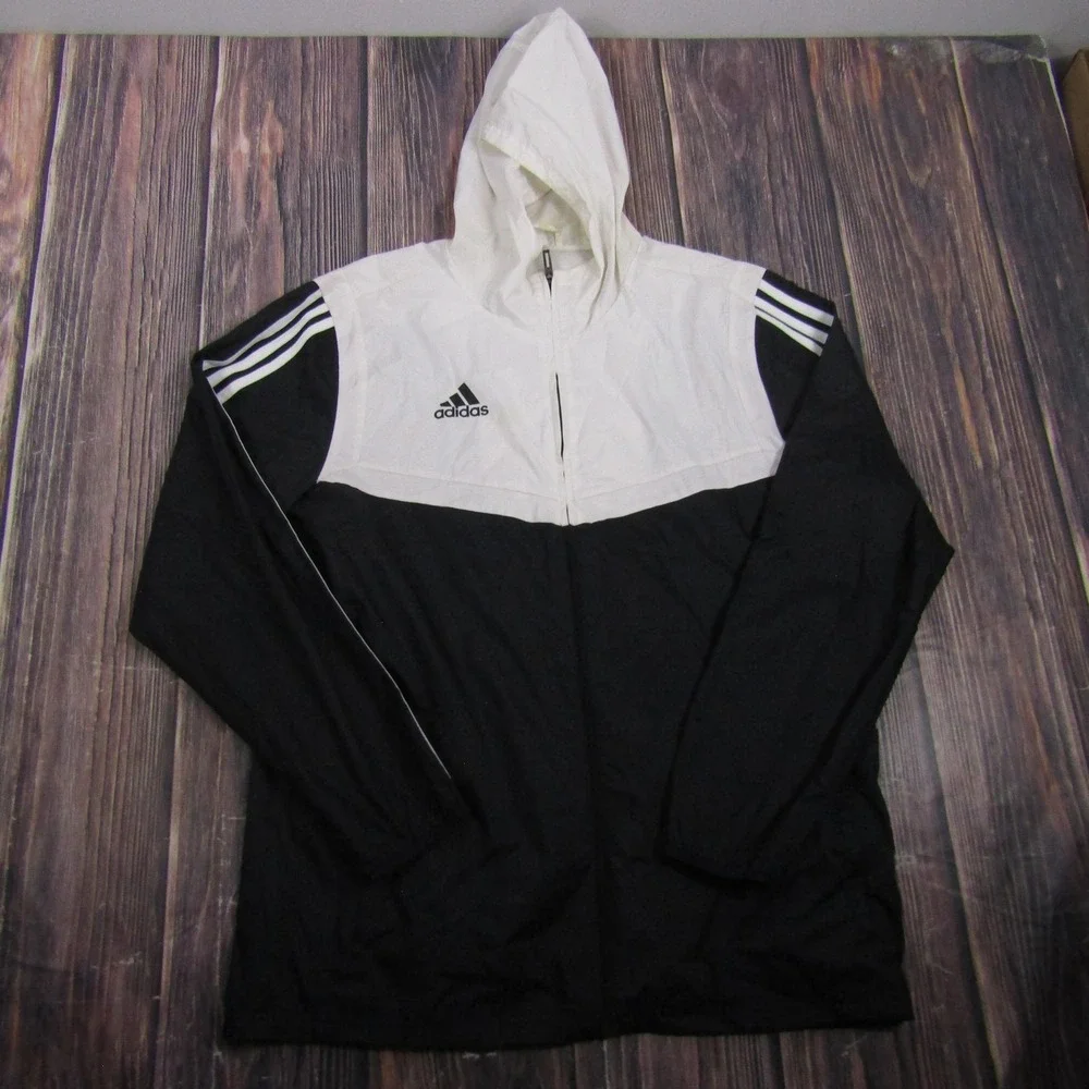 Adidas Jacket Mens M Black White Hooded Full Zip Windbreaker Colorblock Running